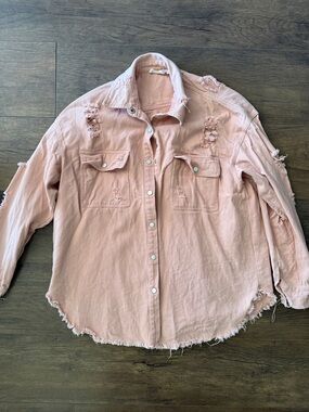 heyday Distressed Button-Down Shacket in Blush Pink